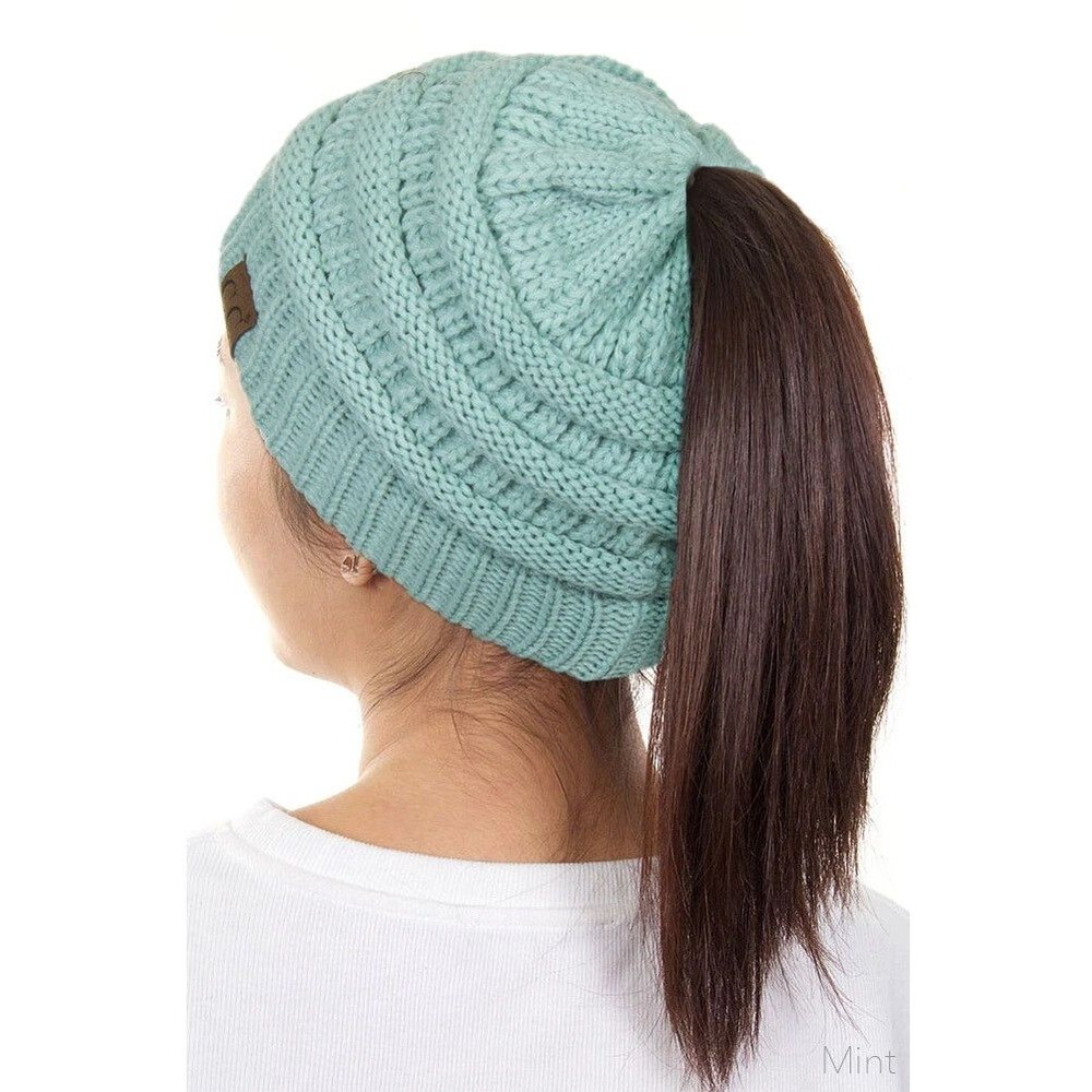 C.C Exclusive Messy Bun Beanie Tail Solid Ribbed Mint Green Knit Cap Hat OSFM